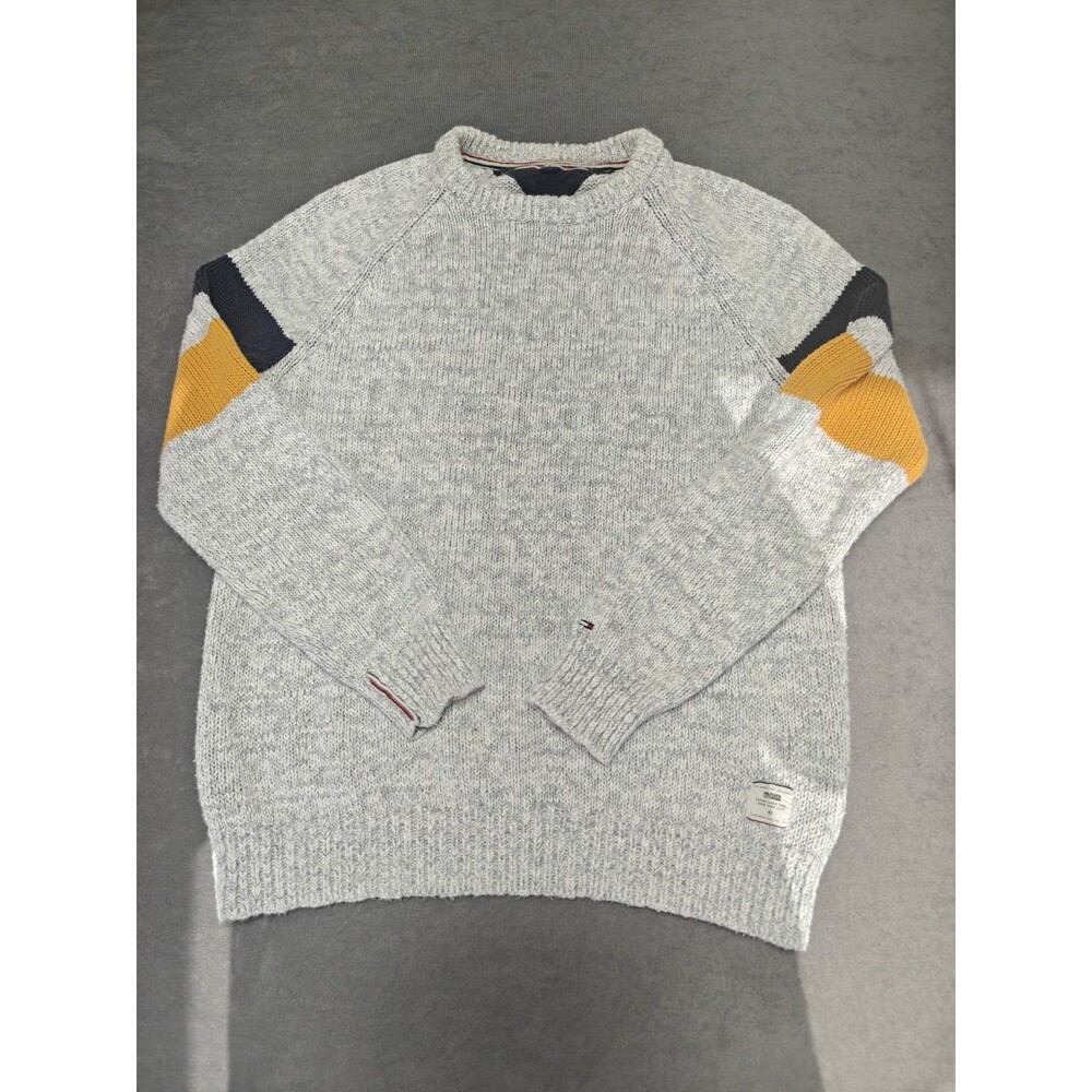 Tommy Hilfiger Mens Large Crewneck Sweater Gray Colorblock Cotton Knit Pullover